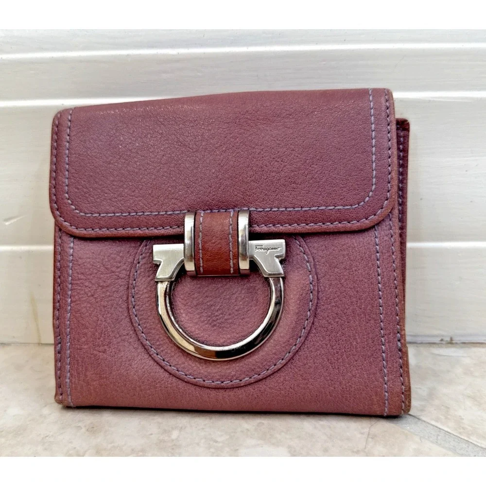 Salvatore Ferragamo Pink Purple  Gancini Bifold Wallet Credit Card Coin *AS IS